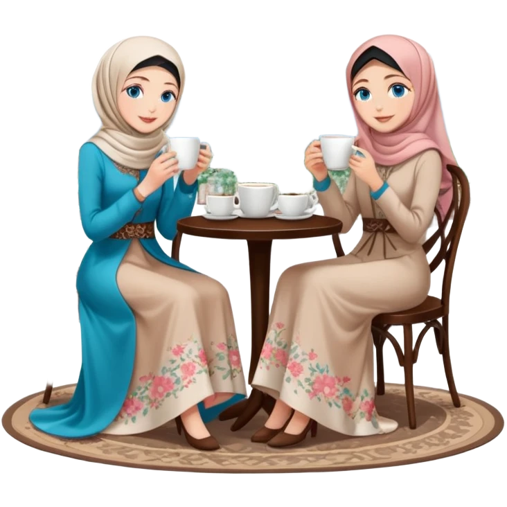 Turkish beautiful finish Konya girls blue eyes with Beautiful blossom floral hijab long tail dress and the two friends in a white lovely coffeehouse sits on the chair on the ground and holds cup coffe with her hand  emoji