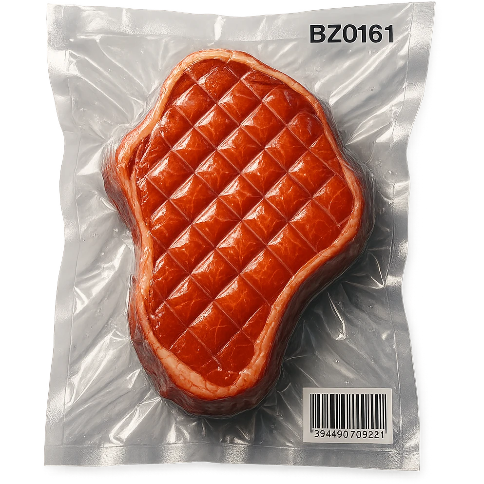 diamond-textured meat steak, shiny and inflated, vacuum-sealed style emoji