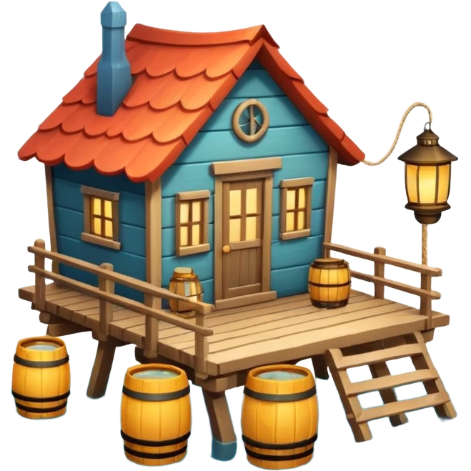 
fisherman house on a wooden pier, small dock, fishing nets hanging, barrels, lantern, ocean vibe, 3D cartoon, cute mobile game icon, clean background, no text
 emoji