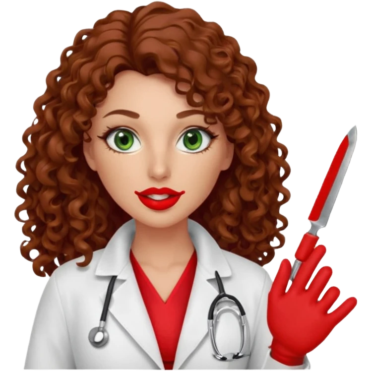 Lilith symbol sexy evil woman. She has green eyes.  had brown long curly hair.  evil surgeon kills with scalpel wears red sexy doctor coat with red mouth cover red gloves. Covers nose, neck  and mouth with Muslim red berka emoji