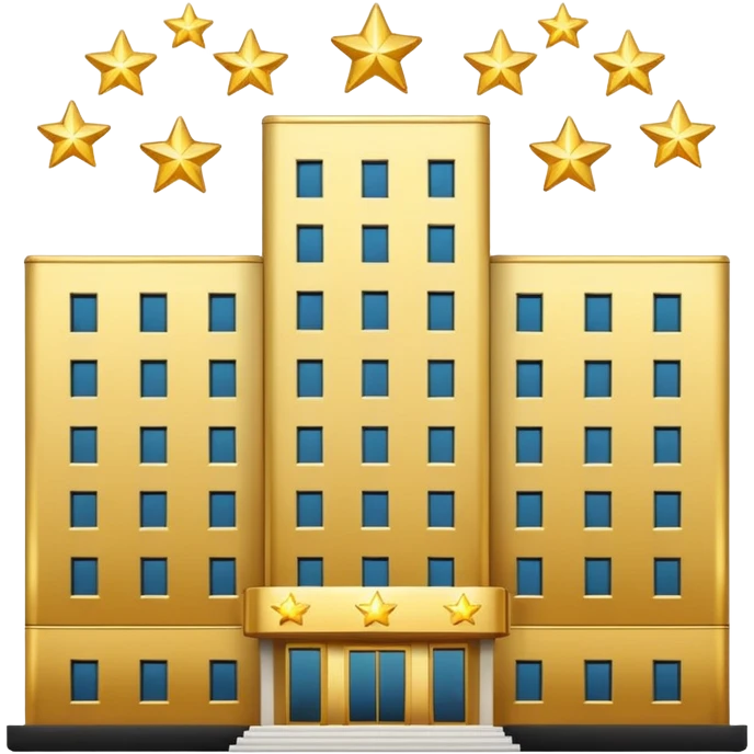 modern hotel building with five shining stars above emoji