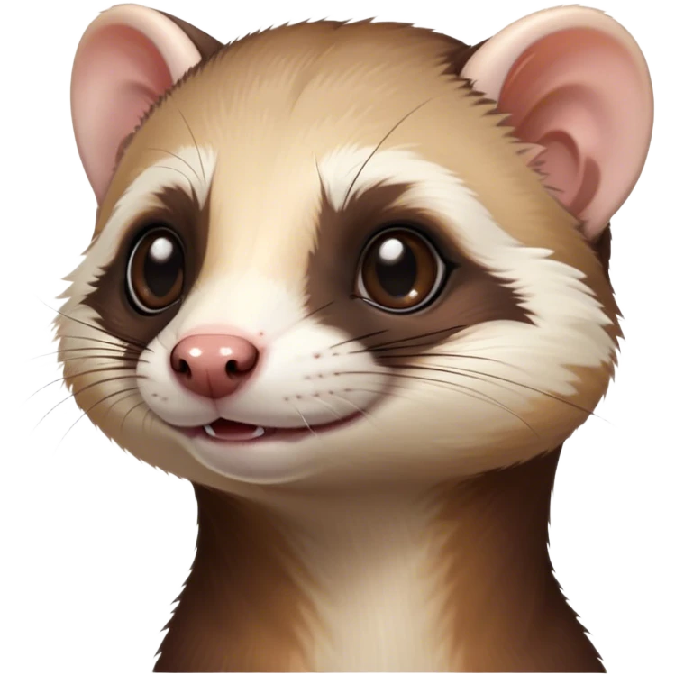 Cinematic Cute sable ferret Portrait Emoji, Head tilted playfully, with an elongated, flexible body and a characteristically curious expression, featuring a short, pointed snout, bright, sparkling eyes, and soft fur in warm brown and cream tones, Simplified yet irresistibly adorable features, highly detailed, glowing with a warm, friendly glow, high shine, affectionate and lively, stylized with a touch of whimsical mischief, soft glowing outline, capturing the essence of a fun-loving and mischievous sable ferret that feels like it could scamper straight into your heart! emoji