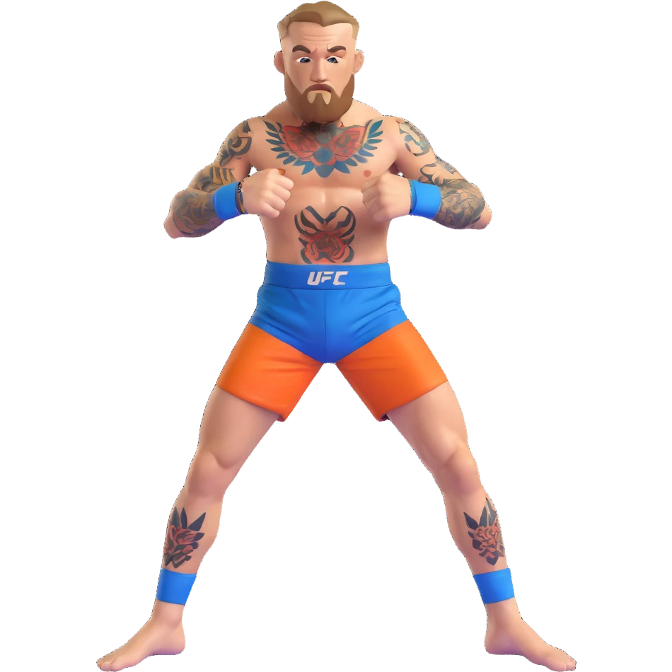 Conor McGregor in fighting stance with blue UFC shorts and detailed tattoos emoji