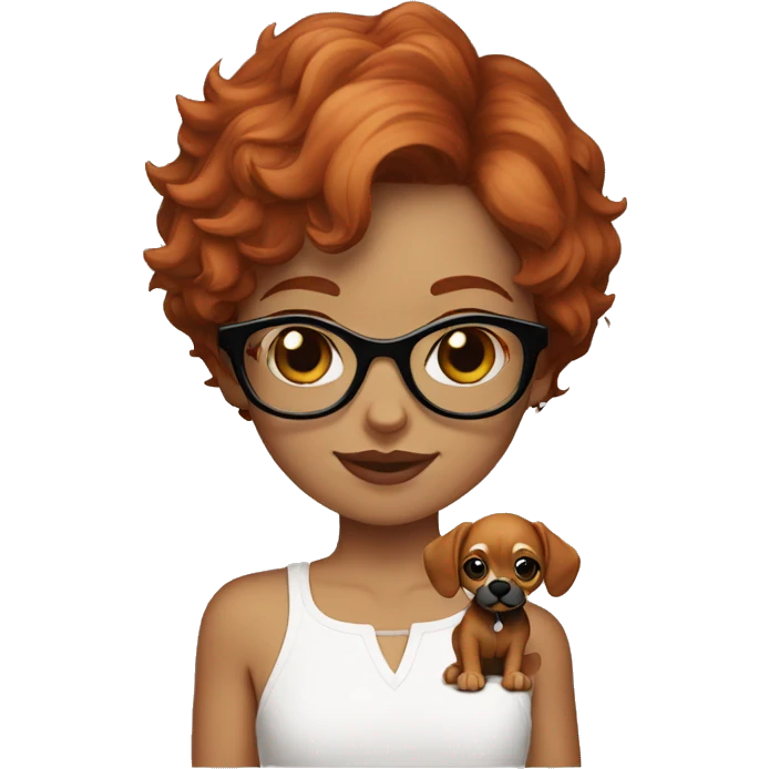 red-haired girl short hair and black glasses holding a Cavalier puppy emoji