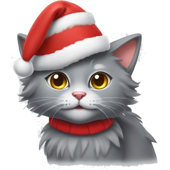 Fluffy gray cat with Christmas hat emoji