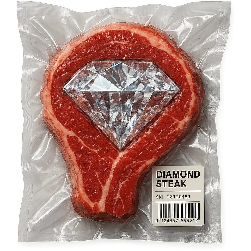 meat steak with sparkling diamond facets, glossy and puffy, vacuum-sealed style emoji