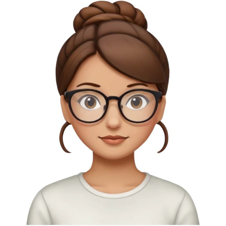 woman with brown hair in a bun and glasses, white European emoji
