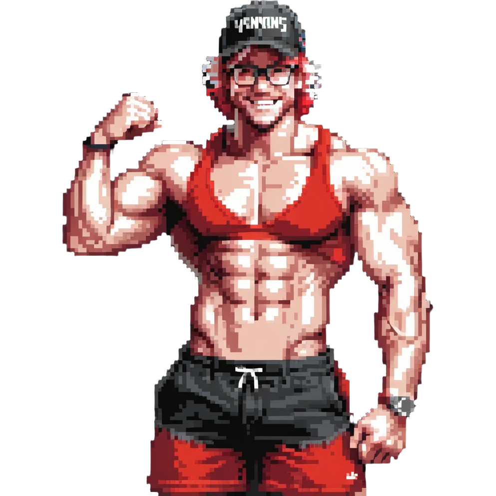 Thin man with defined muscles, black and white cap with VANOMAS text, bare torso, red shorts, clear glasses, messy light hair, flexing and smiling emoji