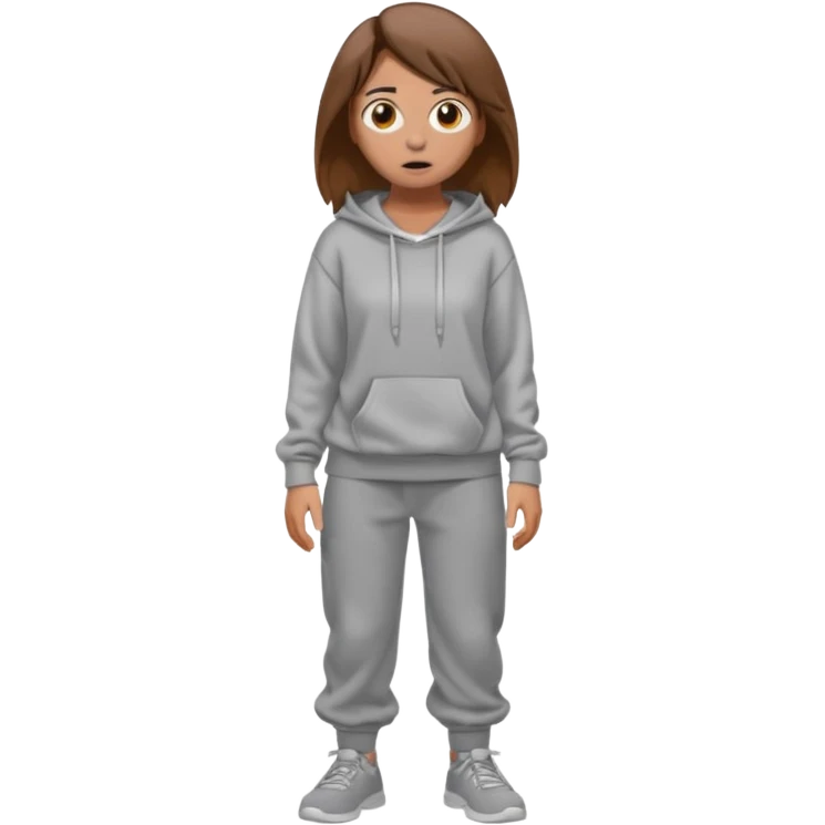Chica grande  asustada de cuerpo completo mirado a la izquierda con pelo castaño pantalones baggy  grises y hoodie gris  emoji