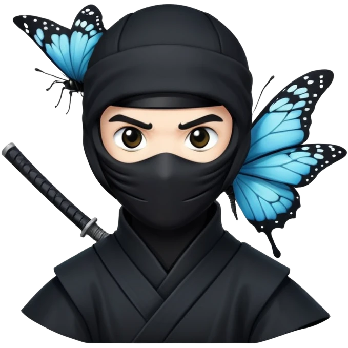 Emoji  con estos dos emojis 🦋 🥷🏻.
Ninja vestido de negro con los ojos de color negro y la piel blanca y con la mariposa posada en su hombro izquierdo como si estuviera volando en su hombro. emoji