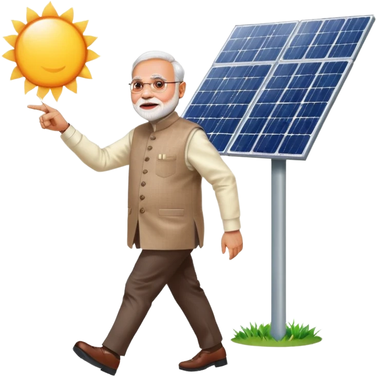 PM Narendra Modi walking towards a solar panel, pointing with his finger emoji
