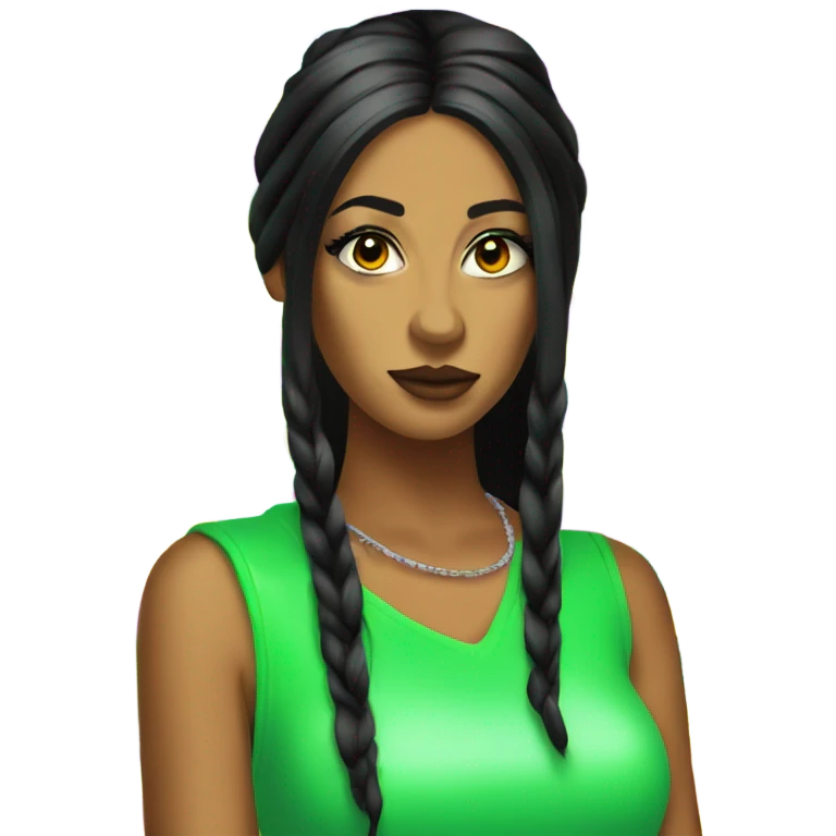 Tanned woman with long black hair, dressed in y2k hip hop hair, makeup, and neon attire emoji