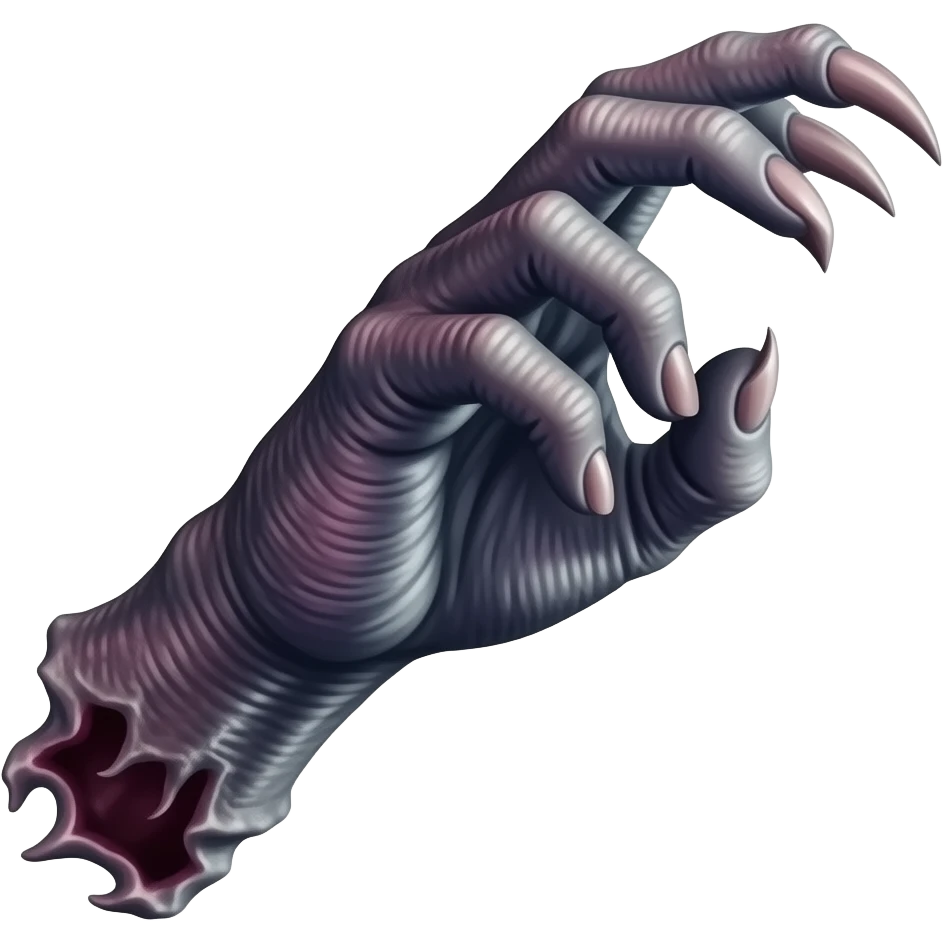 Long dark Demonic hand with sharp claws. Make the hand reach out to attack and slash towards the right of the image violently. Shift the perspective to a side profile to show the curvature and length of the claws more clearly. emoji
