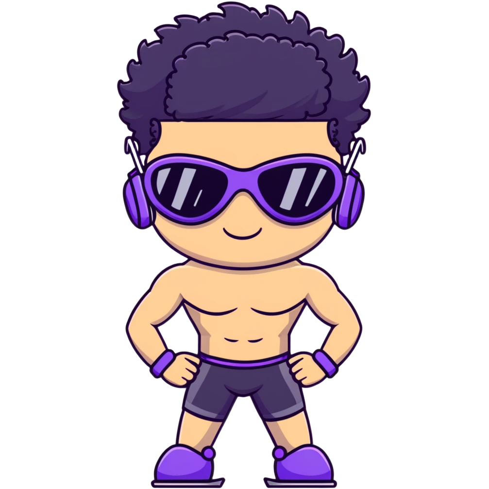 shirtless male athlete with white skin and moderately curly black hair on top with shaved sides, wearing purple ski goggles with black tinted lenses, and a simple plain black chain necklace, no earrings emoji