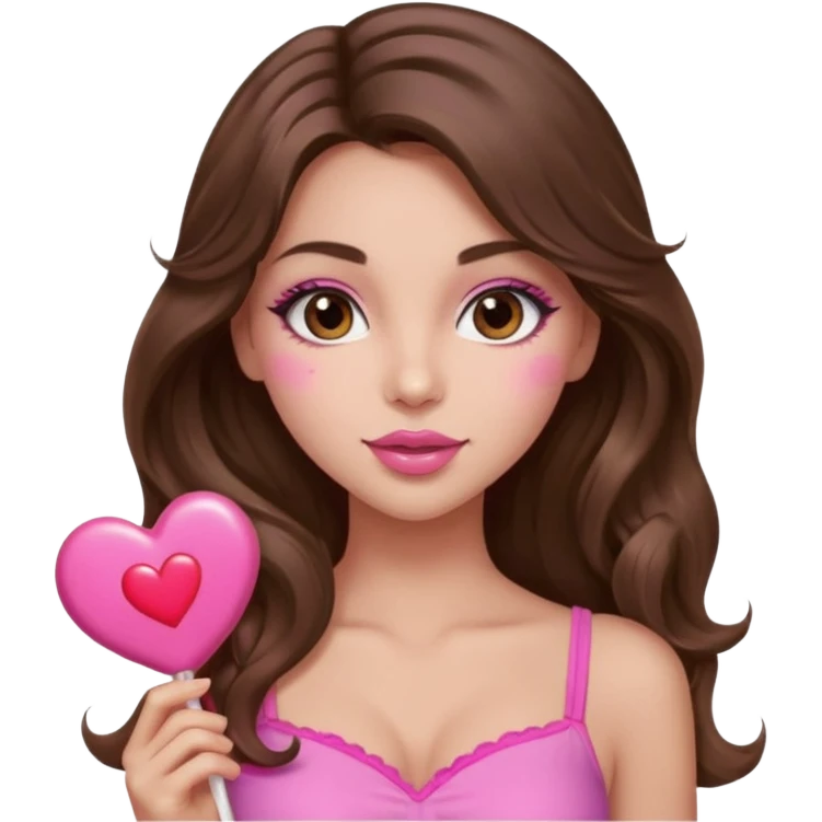 girl with long wavy brown hair, brown eyes, long lashes makeup, sexy pink lips, light to medium complexion, wearing a pink sexy top,, heart lillipop emoji