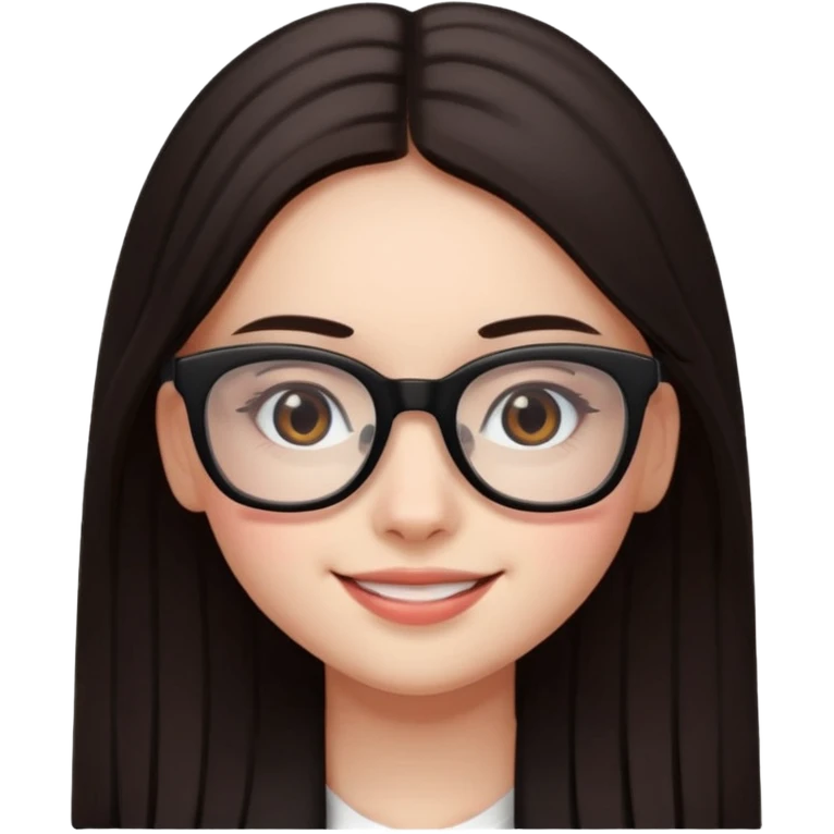 une ado, brune aux cheuveux tres fonces longs lisses blanche, ,lunettes carres noires, yeux bruns fonces joues rose emoji