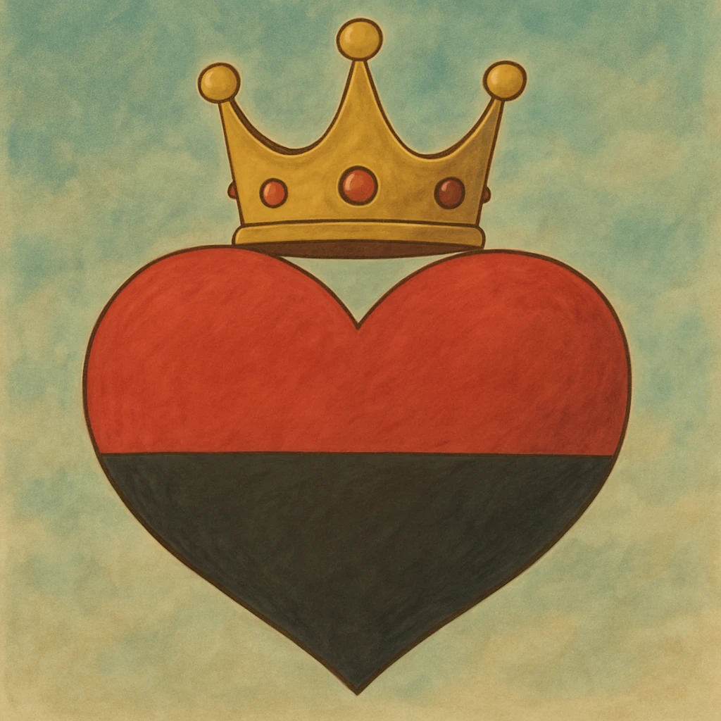 Make the heart's red and black split horizontal (top half red, bottom half black), keep the queen's crown and Ghibli style emoji