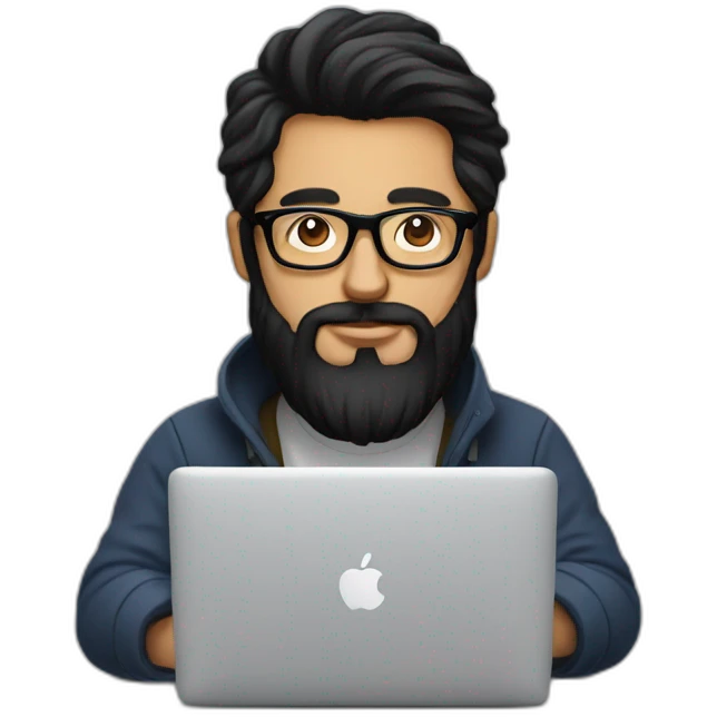 Designer with black hair, beard and glasses working with MacBook and drinking cappuccino  emoji