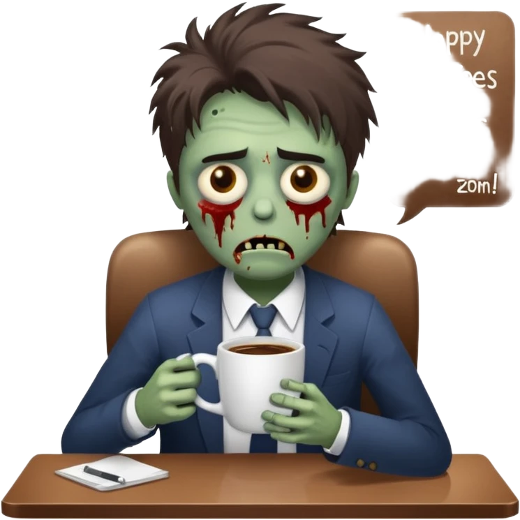 A cute but exhausted office worker character looking like a zombie, holding a giant cup of coffee, dark circles under eyes, messy hair, flat 2D vector art, white background, "Monday Vibes" text. emoji