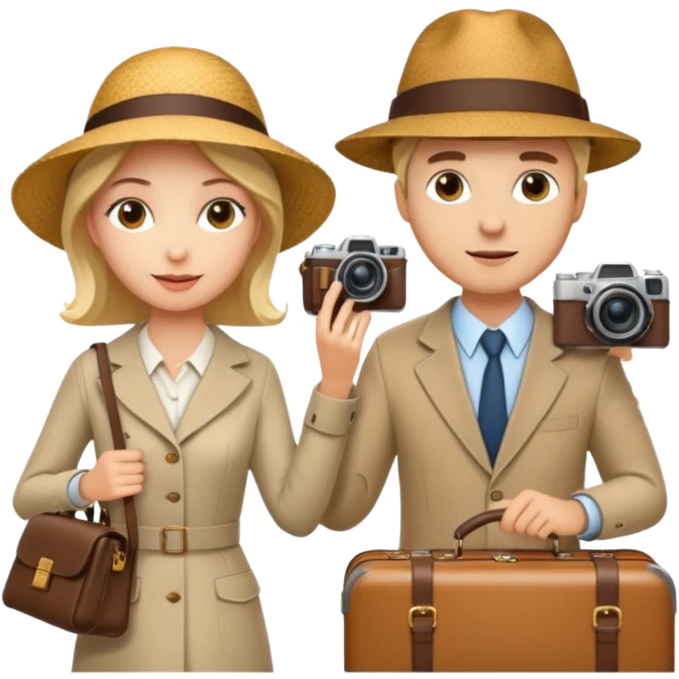 Девушка и мужчина в аэропорту с чемоданами. Девушка в шляпе для отпуска, с фотоаппаратом в руке и сумкой дамской emoji
