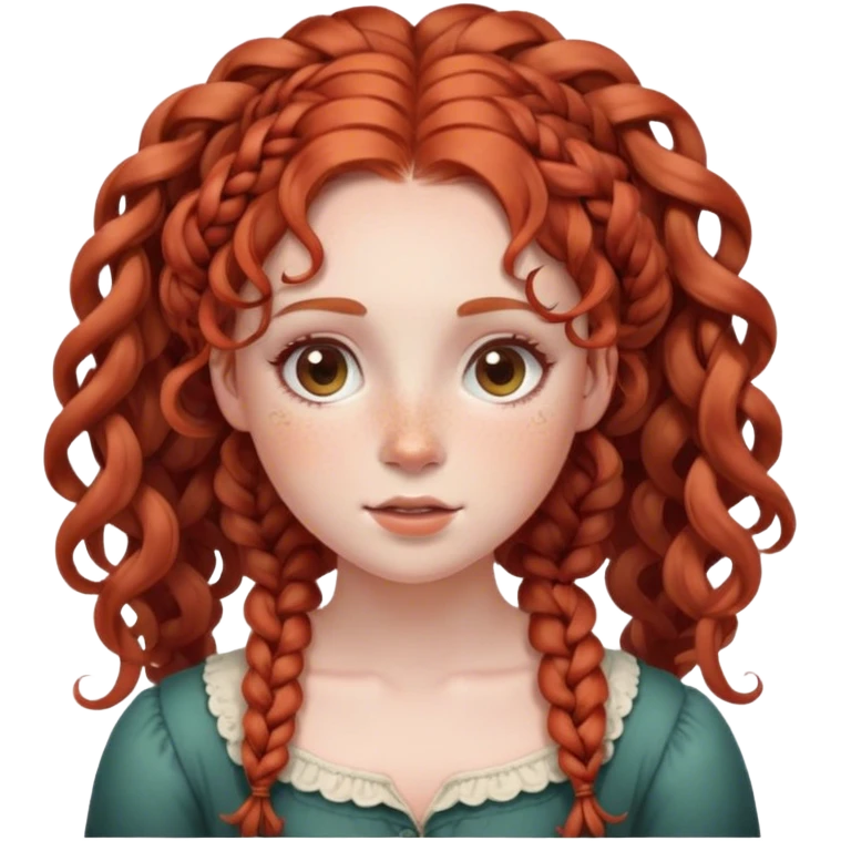 lady with Soft, round face, rosy cheeks, wide expressive eyes, Curly red hair, often styled in intricate braids or ringlets, Fair skin, freckles, emoji