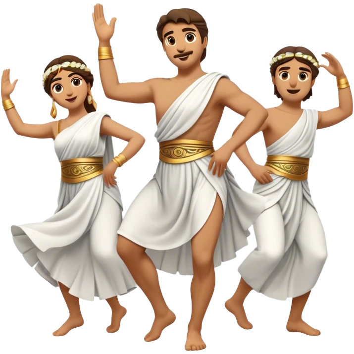 Cinematic Realistic Sirtaki Dance Emoji, depicted as a vibrant traditional Greek dance scene with flowing movements and expressive costumes, rendered with dynamic textures and warm festive lighting that captures its cultural exuberance. emoji