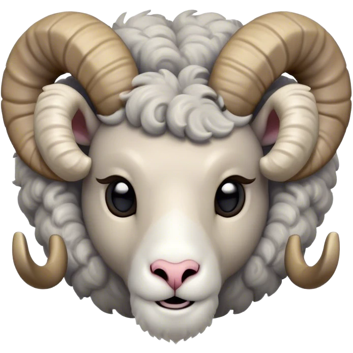 Cinematic Cute Ram Portrait Emoji, Head tilted playfully and inquisitively, featuring a dense, woolly grey fur with charming curled horns, round, sparkling dark eyes filled with curiosity, Simplified yet irresistibly adorable features, highly detailed, glowing with a warm, friendly glow, high shine, affectionate and spirited, stylized with a touch of rugged whimsy, bright and endearing, soft glowing outline, capturing the essence of a mischievous yet loving ram, so playful it feels like it could butt its way out of the screen and into your arms! emoji