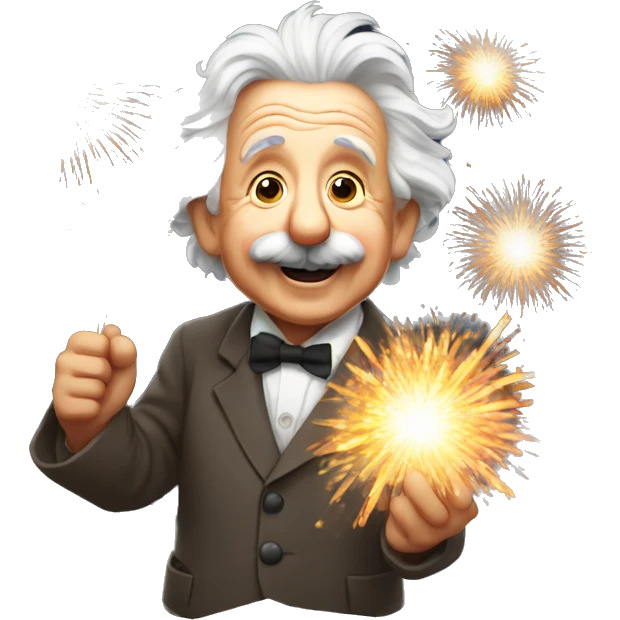 happy albert einstein holding Fireworks  in one hand emoji