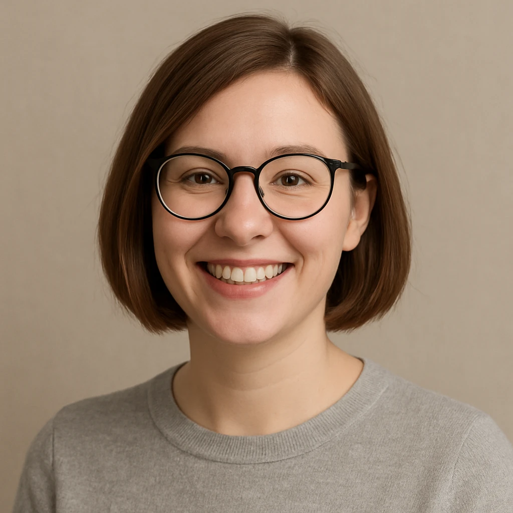 white female with brown bobbed hair, smiling, wearing glasses, neutral background, upper body portrait emoji