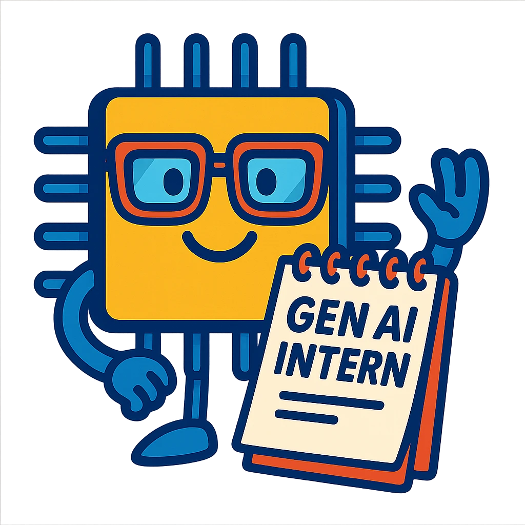 smiling AI chip with glasses and a notepad, representing a Gen AI intern, vibrant cartoon style emoji