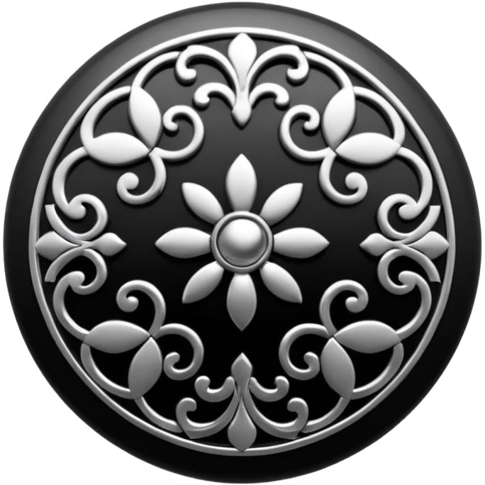 Black and silver filigree round button, 3D, extremely detailed design emoji