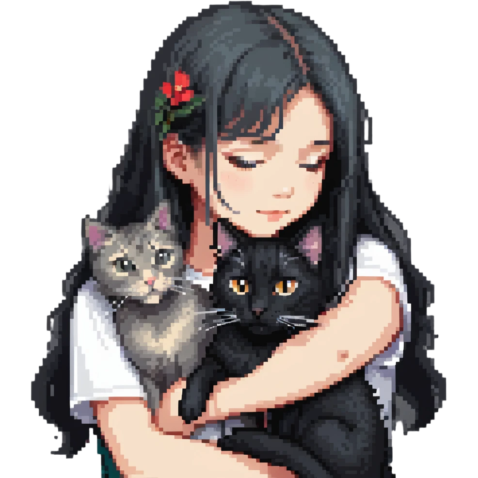 Beautiful girl with long black hair hugs a gray and blond mixed breed cat emoji