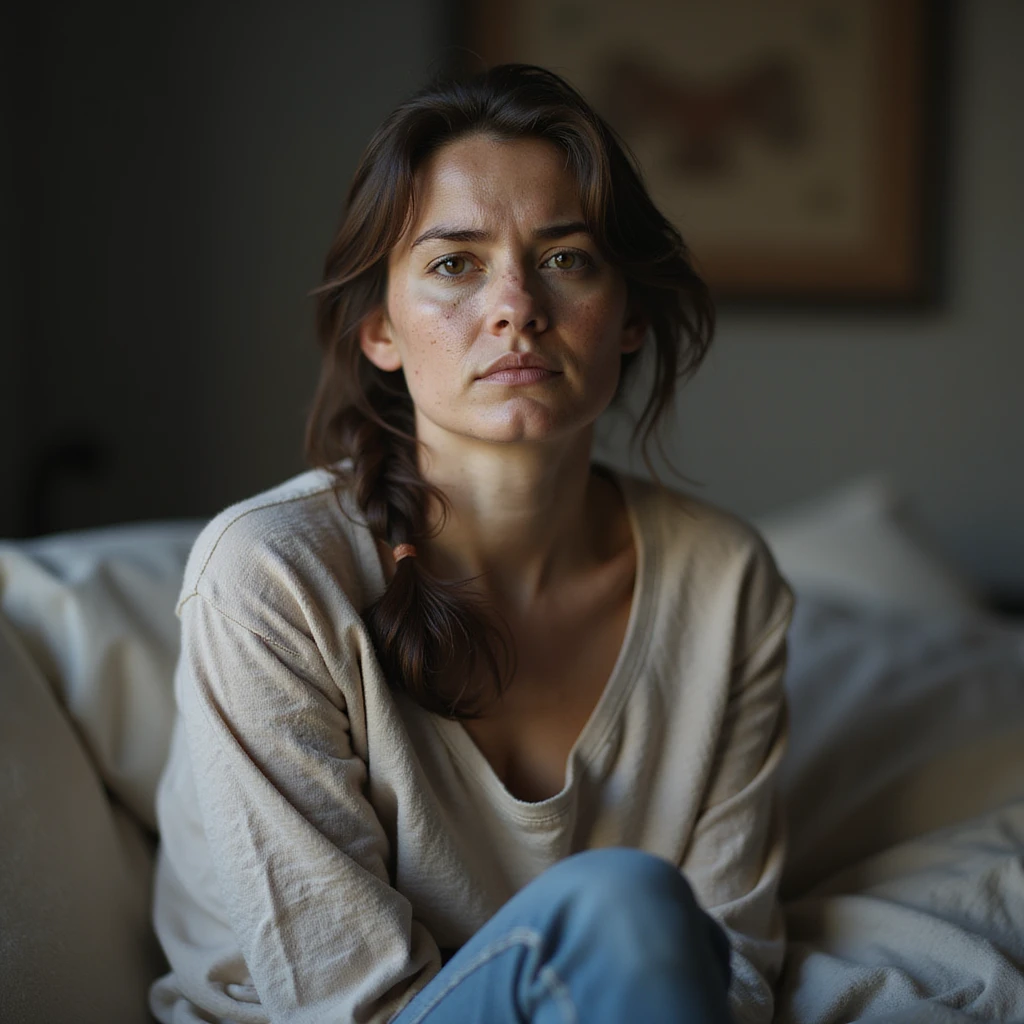 hyperrealistic 4K image of a woman with PCOS sitting with a curved posture and tired face, dull eyes, dark circles, acne, facial hair, thinning hair, simple clothing, realistic home environment emoji