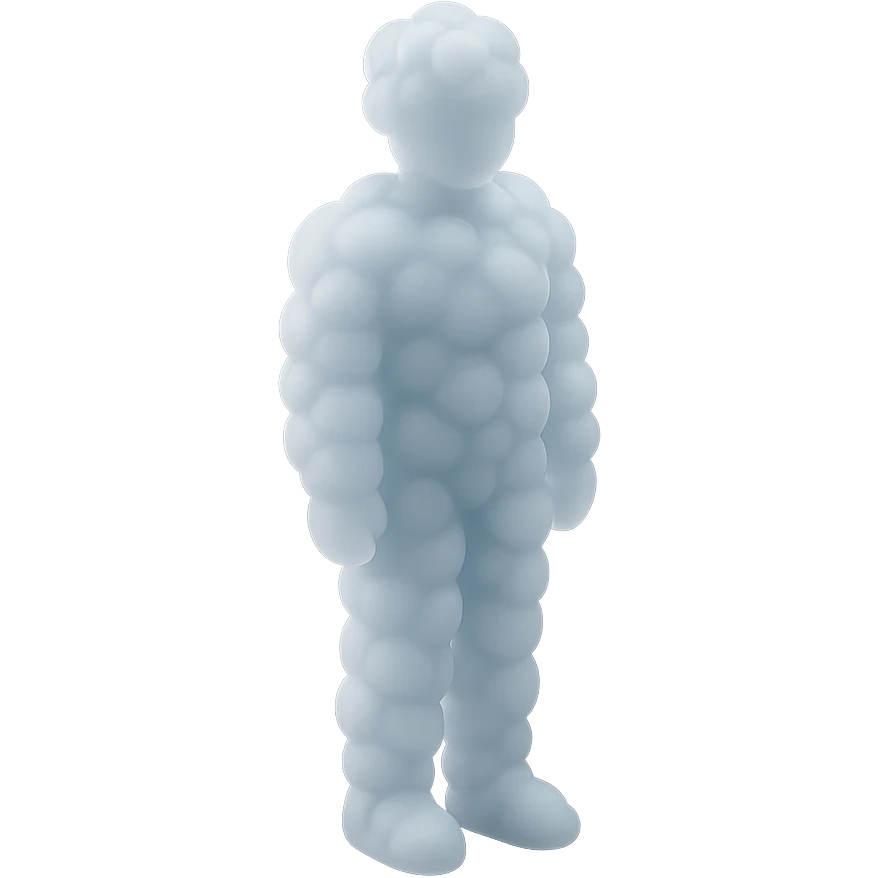 a person standing straight, fully made of white fluffy convex clouds, shoulder height, matte glass style emoji