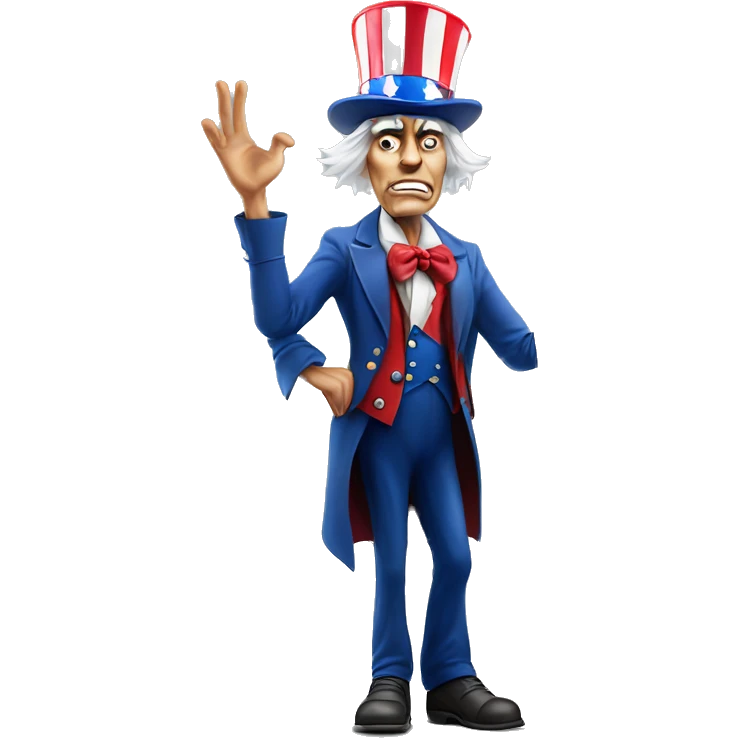 Uncle Sam with pitiful eyes holds a sign at full height waist photorealistic serious emoji