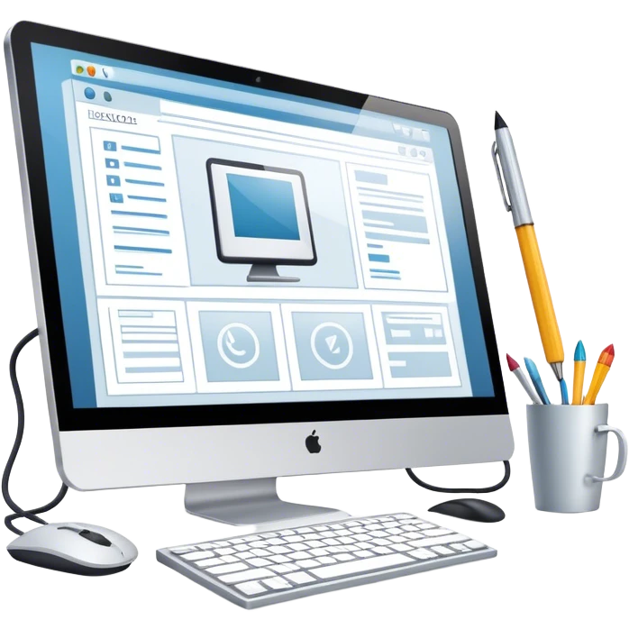 Modern icon for Web Design: computer screen with a website layout, design tools like a mouse and a stilus, web elements such as icons and wireframes. Transparent background. emoji