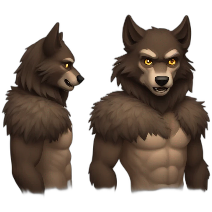 A Werewolf with human face and wolf muzzle and brown fur emoji