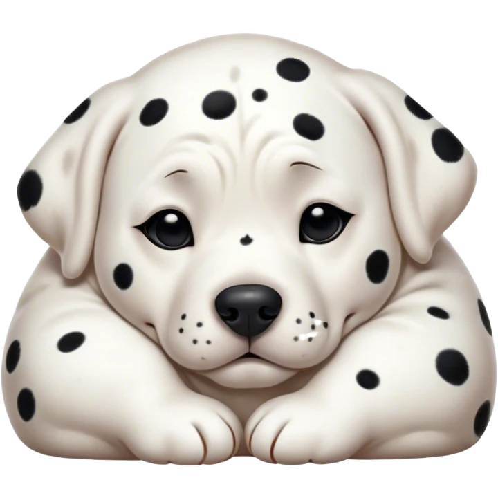 Cinematic Chubby Sleeping Dalmatian Portrait Emoji, Chubby and serene, with a round, plump build and a glossy white coat adorned with distinctive black spots, eyes gently closed in peaceful slumber, Simplified yet irresistibly endearing features, highly detailed, glowing with a gentle, dreamy glow, high shine, relaxed and content, stylized with a touch of whimsy, bright and heartwarming, soft glowing outline, capturing the essence of a blissfully sleepy companion, so comically serene it feels like it could roll out of the screen and snore with adorable charm! emoji