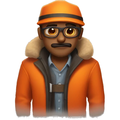 Tf2 Engineer, with a Orange Cap, Brown Mustache, Red Fur Coat, with Orange Sweater Underneath The Coat emoji