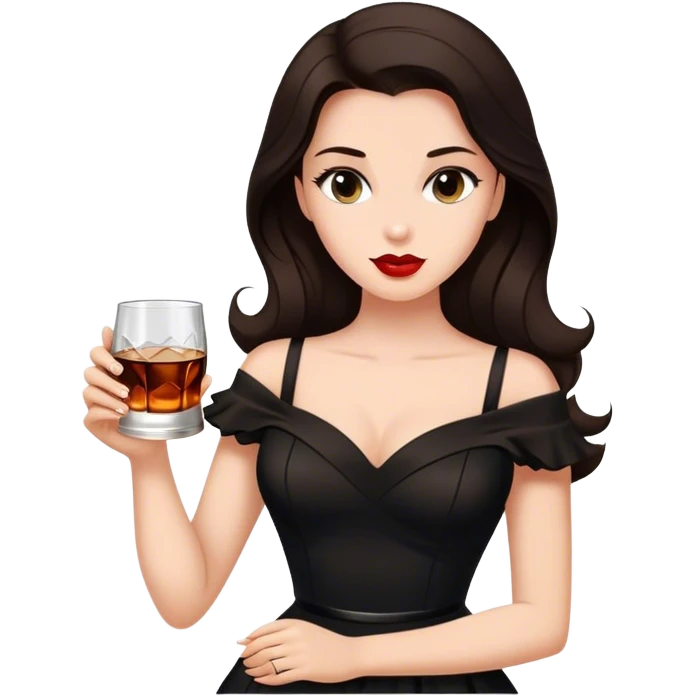 Beautiful woman in 1950’s woman fashion look, black dress, long dark brown hair, whisky with ice emoji