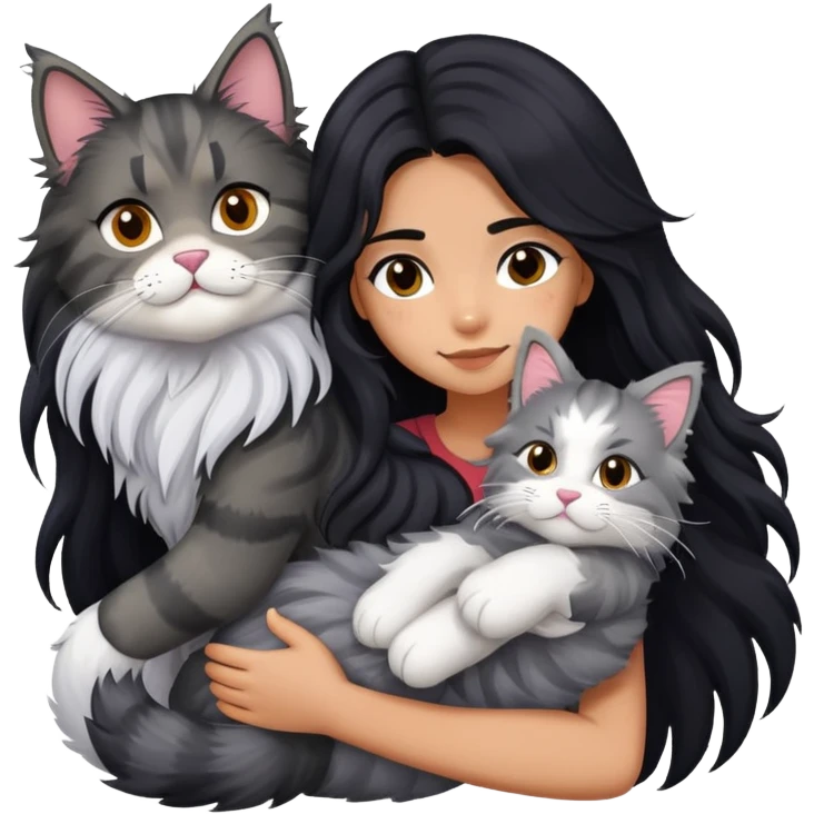 Girl with long black hair hugging a gray fluffy plush toy and a tricolor Maine Coon cat emoji
