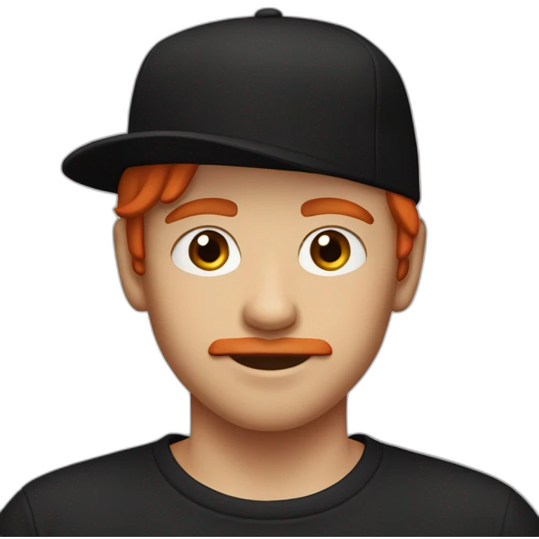 red head boy with red mustache, wearing a backwards cap, bron eyes arab eyebrows and black tshirt emoji