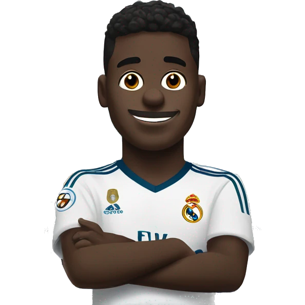 Create a crying Vinicius emoji in Real Madrid gear next to the Santiago Bernabéu stadium emoji