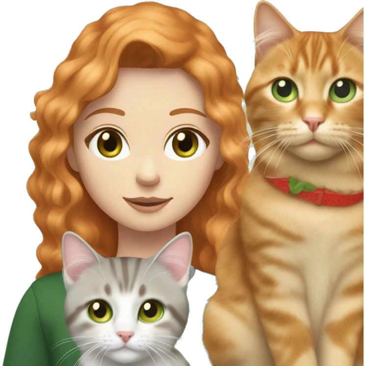 girl, pale, green eyed,with long strawberry blonde-ginger hair (mix of that two hair colours as one) holding a  grey tabby cat, with spot of white fur in shape of a collar and also green eyed emoji