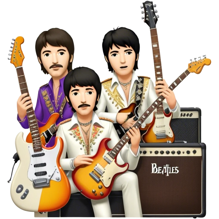 Rock music icon: collage of legendary rock stars—The Beatles, Jimi Hendrix, Elvis Presley, Queen, Nirvana, Led Zeppelin. Electric guitars, amplifiers, and microphones surrounded by vibrant stage lights and musical notes. Transparent background. emoji