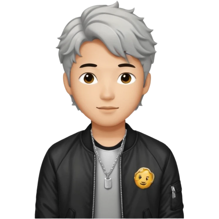 Handsome and cute Asian guy wavy hair, wearing silver necklace, dressed cool in black bomber jacket, demure but with a smirk  emoji