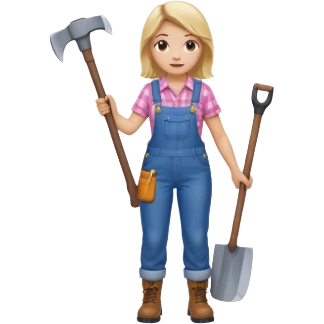 lumberjack blonde woman holding axe pink checked shirt and overalls emoji