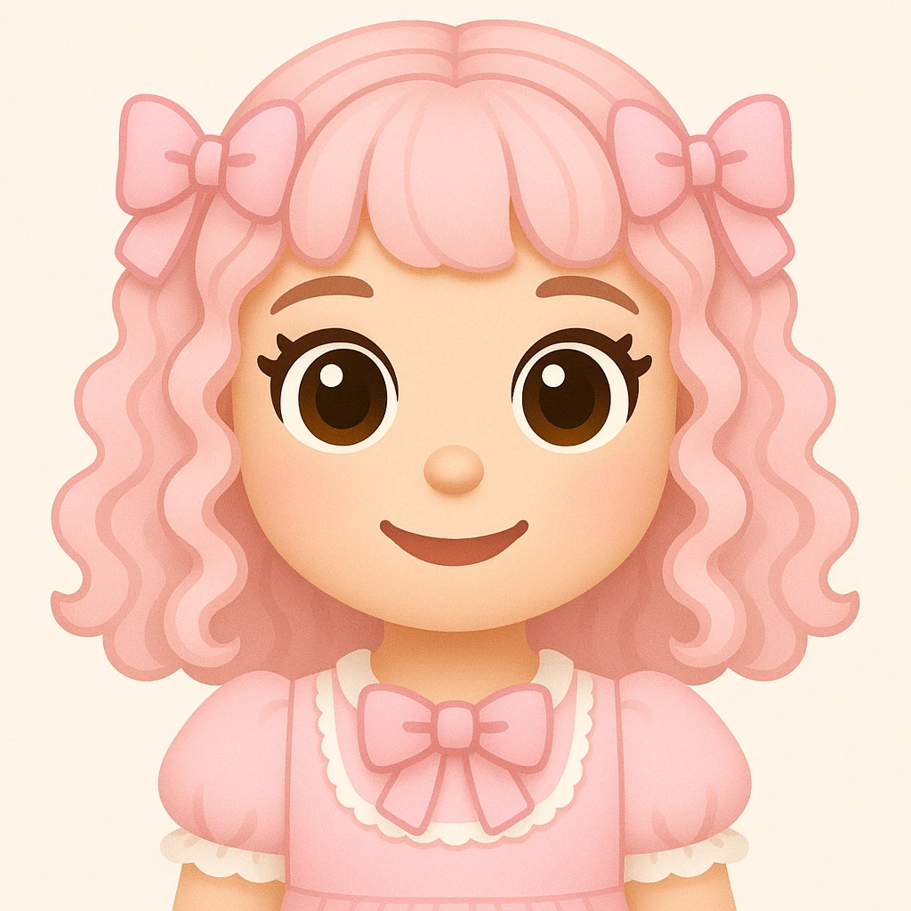 Create a cute soft pink emoji of a girl with curly pastel pink hair, big brown eyes, pink bows, and a frilly dress. The style should match the look of the reference image provided. emoji