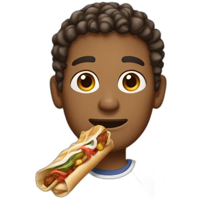 a brown skinned man, emaciated face with short curly hair eating a kebab emoji