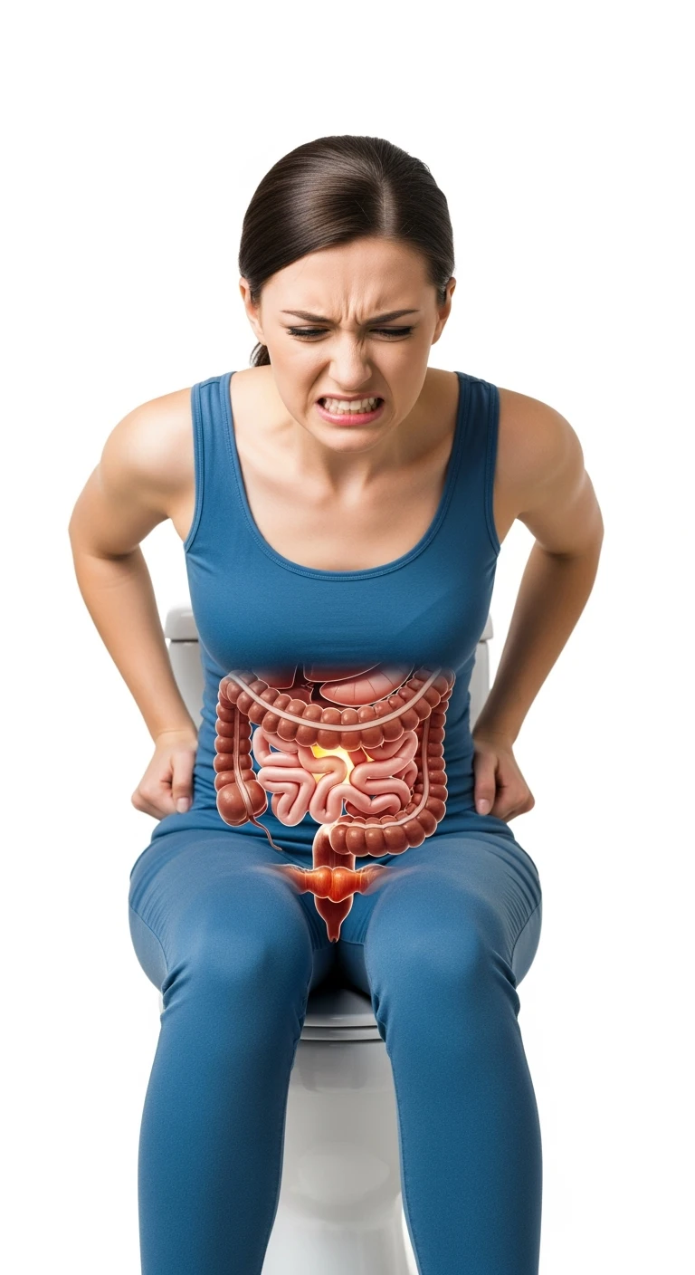 donna che si sforza seduta sul wc con intestino umano anatomico in evidenza, iperrealistica 4k, sfondo bianco emoji